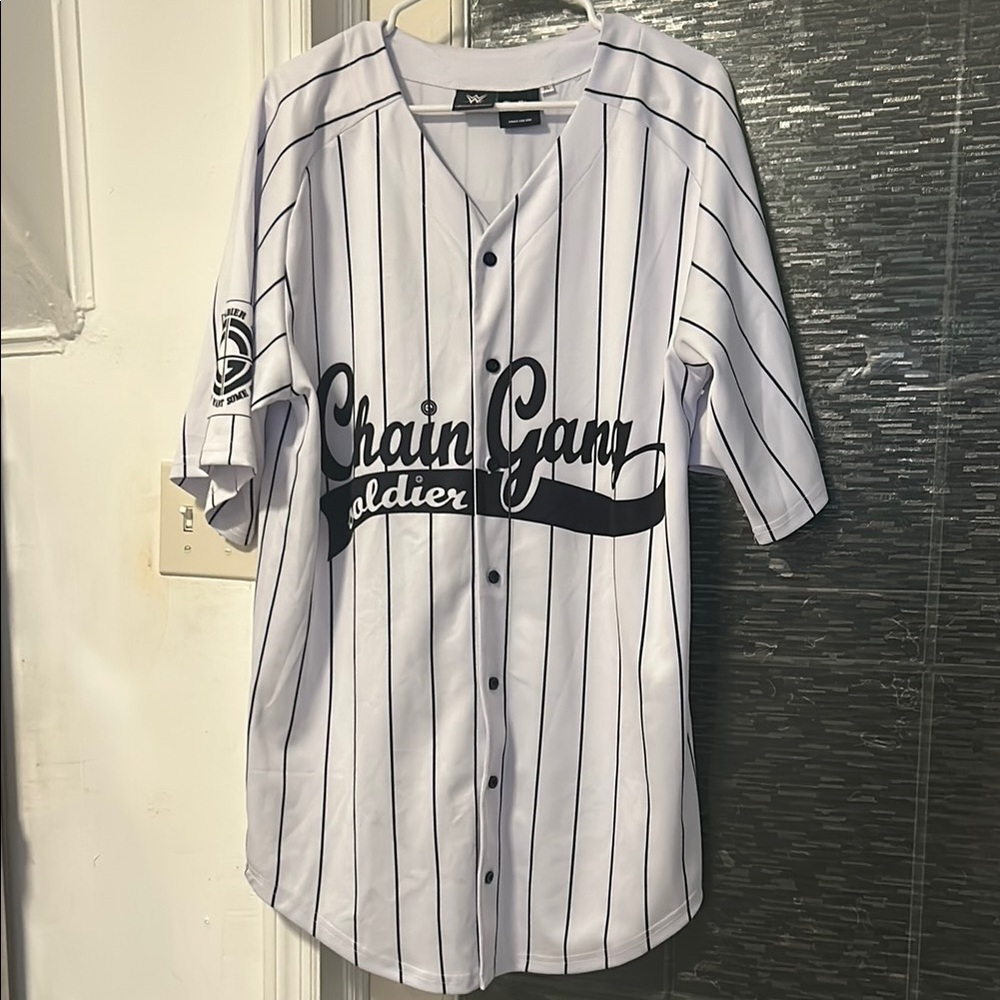 WWE Chain Gang Soldier Cena White Pinstripe Baseball Jersey Chalk Line Apparel
